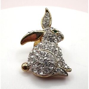 Vintage 80s Rhinestone Rabbit Bunny Brooch Pin Gold Tone Clear Crystals Jewelry